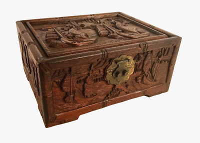 Antique Chinese Hand Carved Camphor Wood Box with Original Brasses