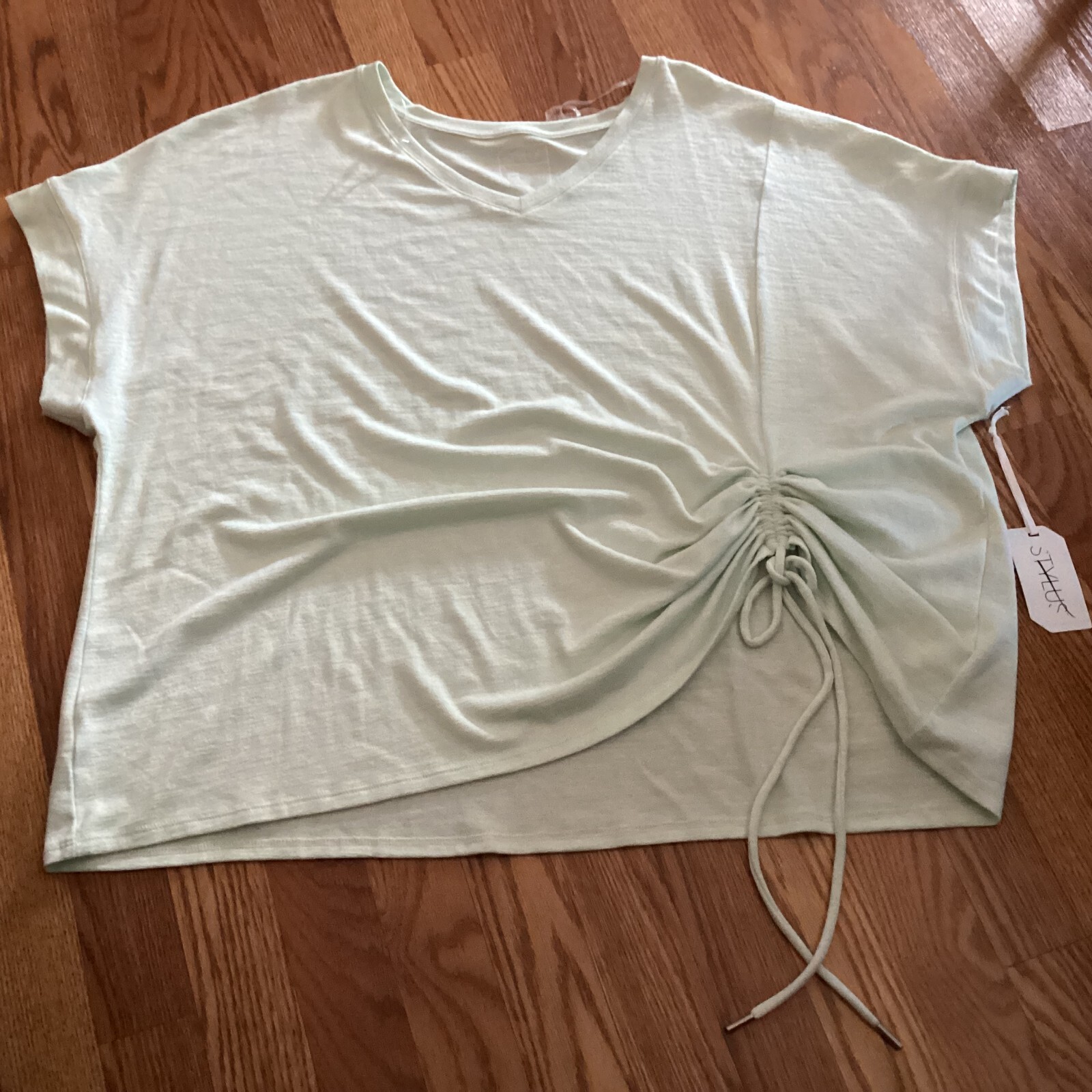NWT Stylus Plus Size Light Mint Green V~Neck Drawstring Front Knit Top ...