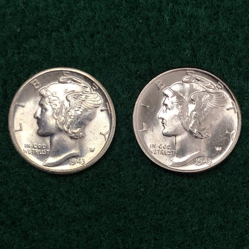 1943-D 1943-P Mercury Dime Silver Gem BU Two Stunning Coins #518