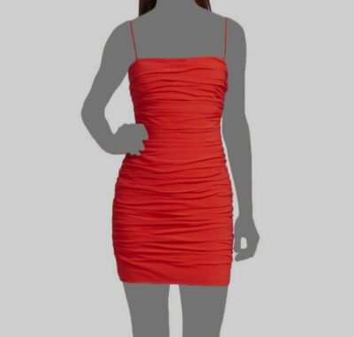 $445 Cinq à Sept Women's Red Ruched Squared Neck Mini Dress Size 8