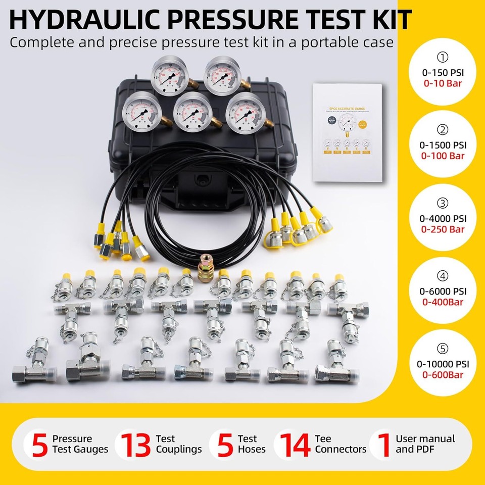 Hydraulic Pressure Test Kit with 5 Gauges 5 Test Hoses 13 Couplings and 14 Tee Connectors Pressure Gauge Kit Test Kit Hydraulic Pressure Test Kit with 5 Gauges 5 Test Hoses 13 Couplings and 14 Tee Connectors Pressure Gauge Kit Test Kit