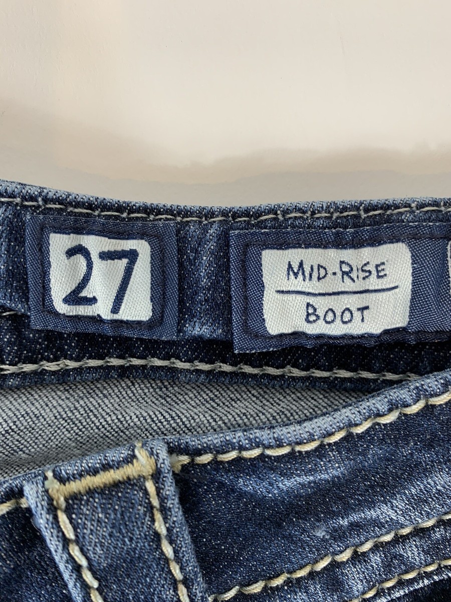 MISS ME Boot Cut Jeans Sz 27 Mid Rise Rhinestones Flap Pockets