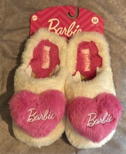 Barbie HEARTS Fluffy Slippers Pink Soft Indoor/Outdoor Women  s Sz M 6.5-7.5 NEW