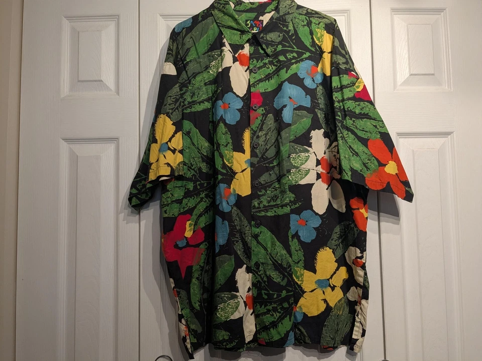 Camisa Jams World Para Hombres 2XL Negra Hawaiana Aloha Floral Cuello de Campamento Abotonada De Colección Foto 3 de 4