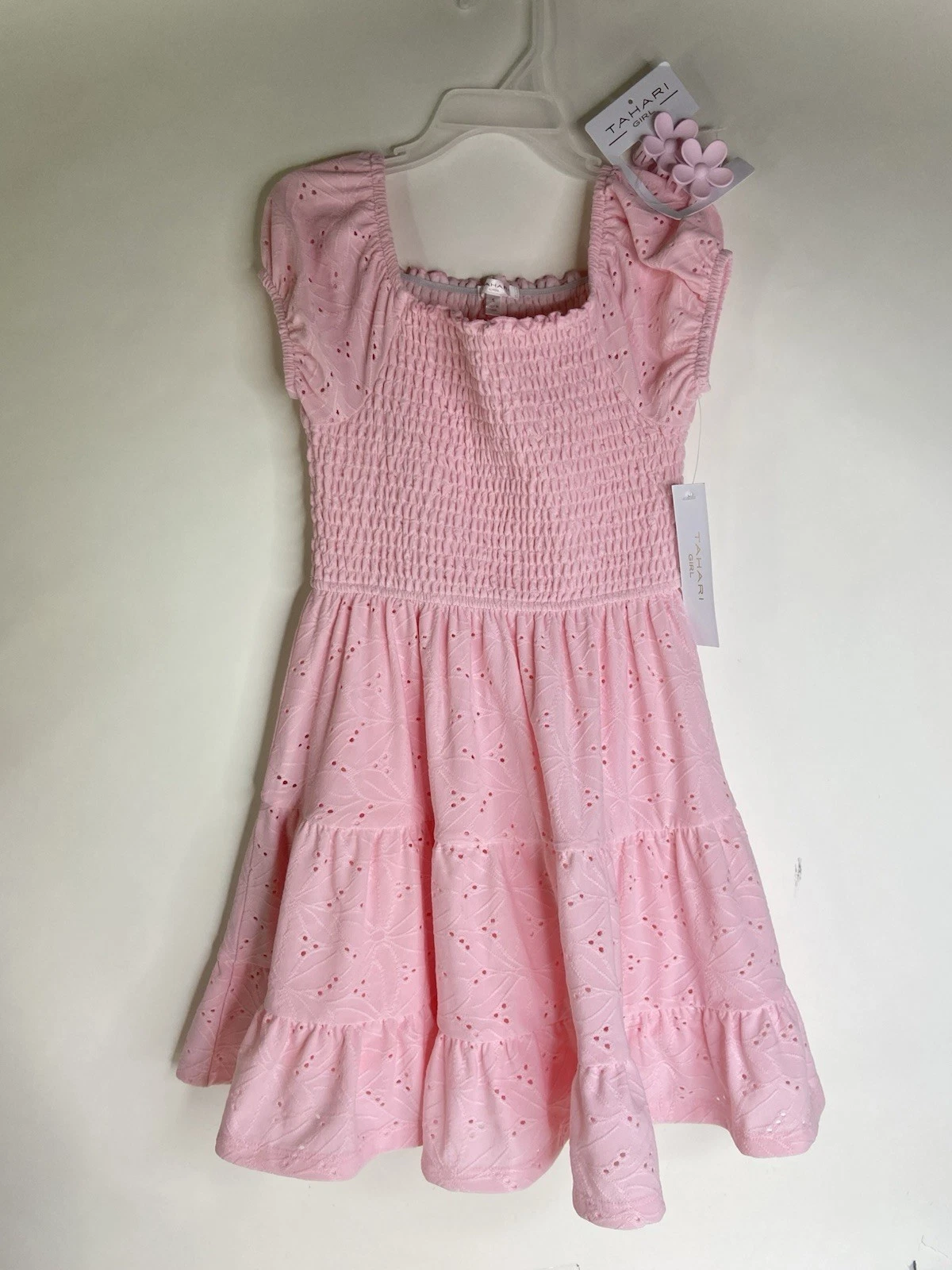 Tahari Girl Fit and Flare Dress Eyelet Pink Matching Hair Claw Clip Girls Size 5