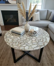 White Agate Coffee Table Top – Natural Gemstone Slab, Luxury Crystal Stone Decor