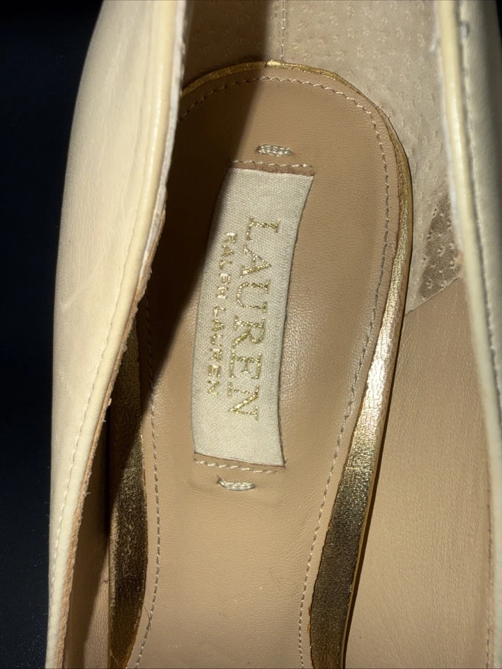 Zapatos de mujer LAUREN RALPH LAUREN Viona beige cuero bloque dorado tejido 9B Foto 3 de 4