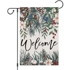 Welcome Winter Garden Flag 12x18 Inch Double Sided Burlap, Christmas Pine