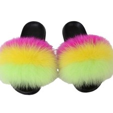 XINBY Women's Fur Slippers Slides Fluffy Fuzzy Sandals Open Toe Anti-Slip Shoes