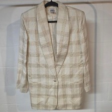 Vintage Sake Women L Cream Gold Plaid Blazer Jacket Linen Blend Holiday Neutral