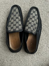 Gucci Men's Navy Blue Leather Logo Loafer Dress Shoes Slip On Square Toe US 9 
