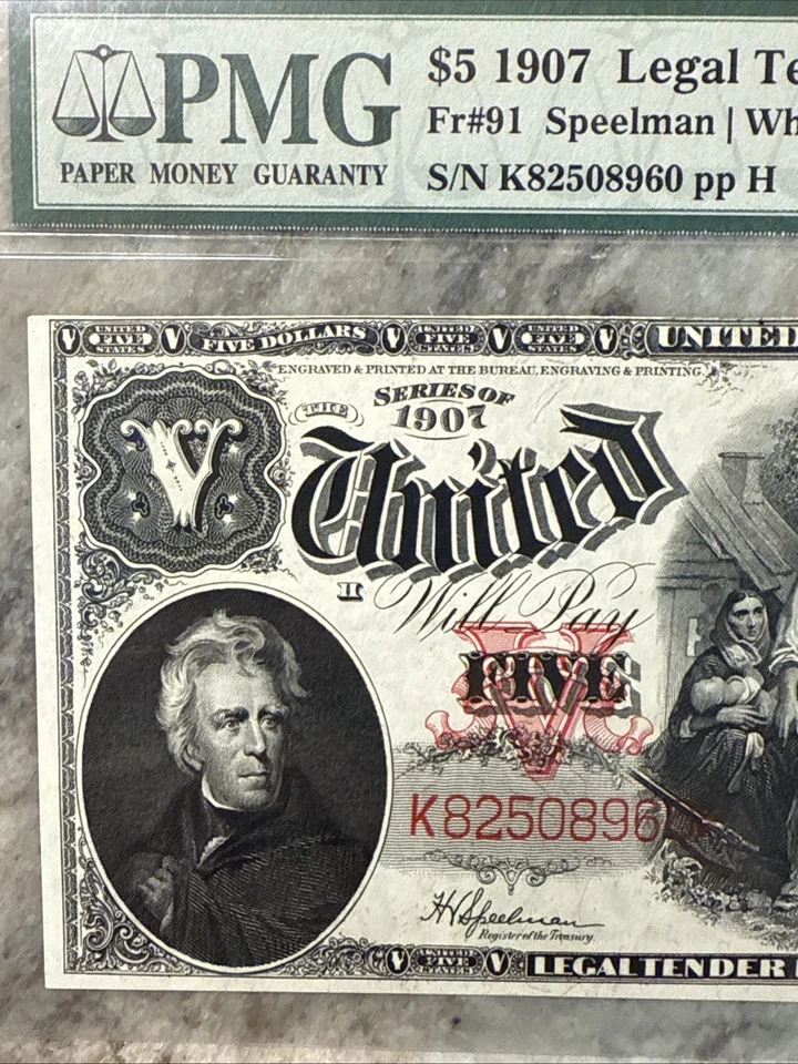 1907 $5 Legal Tender "Woodchopper" Pcblic Error Fr. 91 Uncirculated PMG 63EPQ - Image 2 of 4