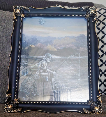 Signed Ashley Raine Gone Fishing on Endor Star Wars Art Original Painting Framed