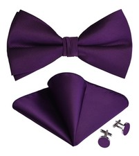 Mens Purple Bow Tie Set for Wedding Silk Woven Pretied Bowtie and Pocket Squa...