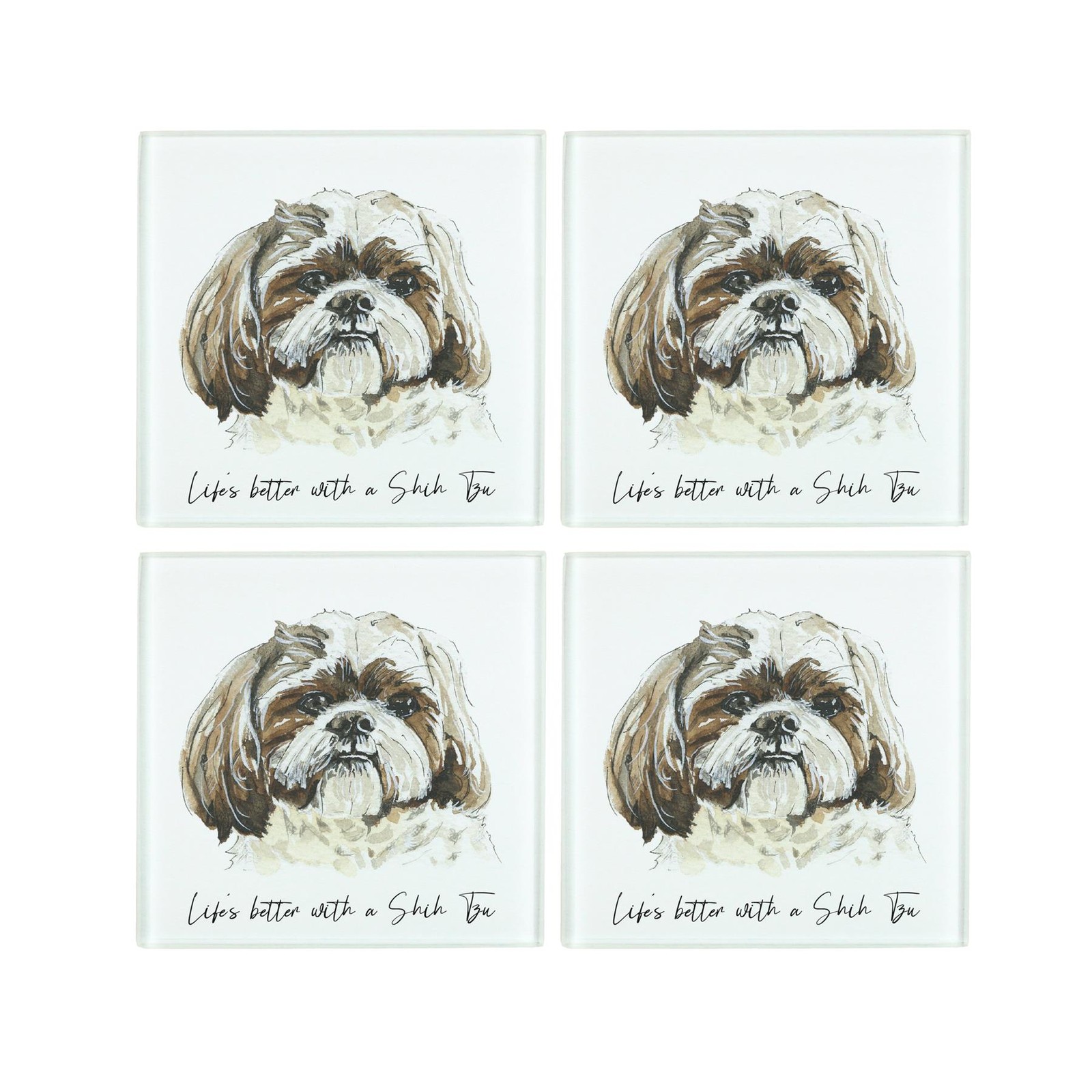 Shih Tzu Coaster Set - Life's Better With a Dog Glass Square Coasters Gift