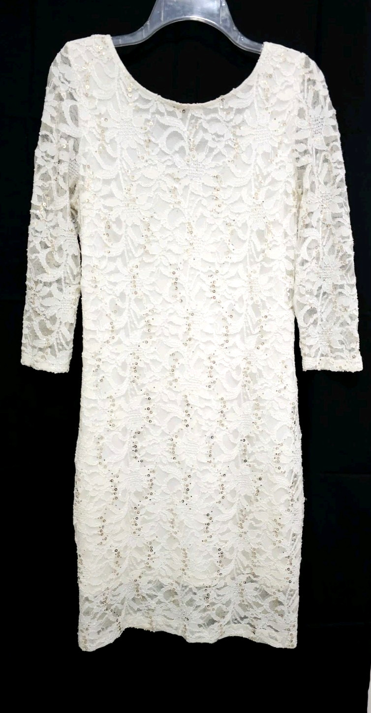 ONXY Nite Lace STRETCHY Bodycon Dress 8 Medium IVORY GOLD Sequins 3/4 Slv Lined