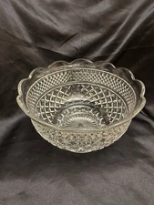 Vintage Pressed Glass Punch Bowl 10” Diamond Point Scalloped Rim Mid Century