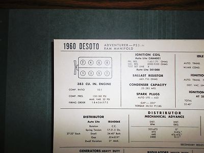1960 DeSoto Adventurer PS3-M Ram Manifold 383 SUN Tune Up Chart Great Condition!