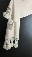 Wrap With Fringe Pompom Beige Woven Shawl Acrylic Yarn Cozy Bohemian