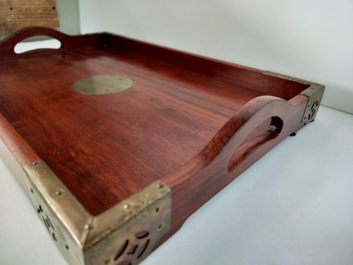 Vintage 17” by 11” Chinese Rosewood and Brass Serving Tray - Picture 5 of 13