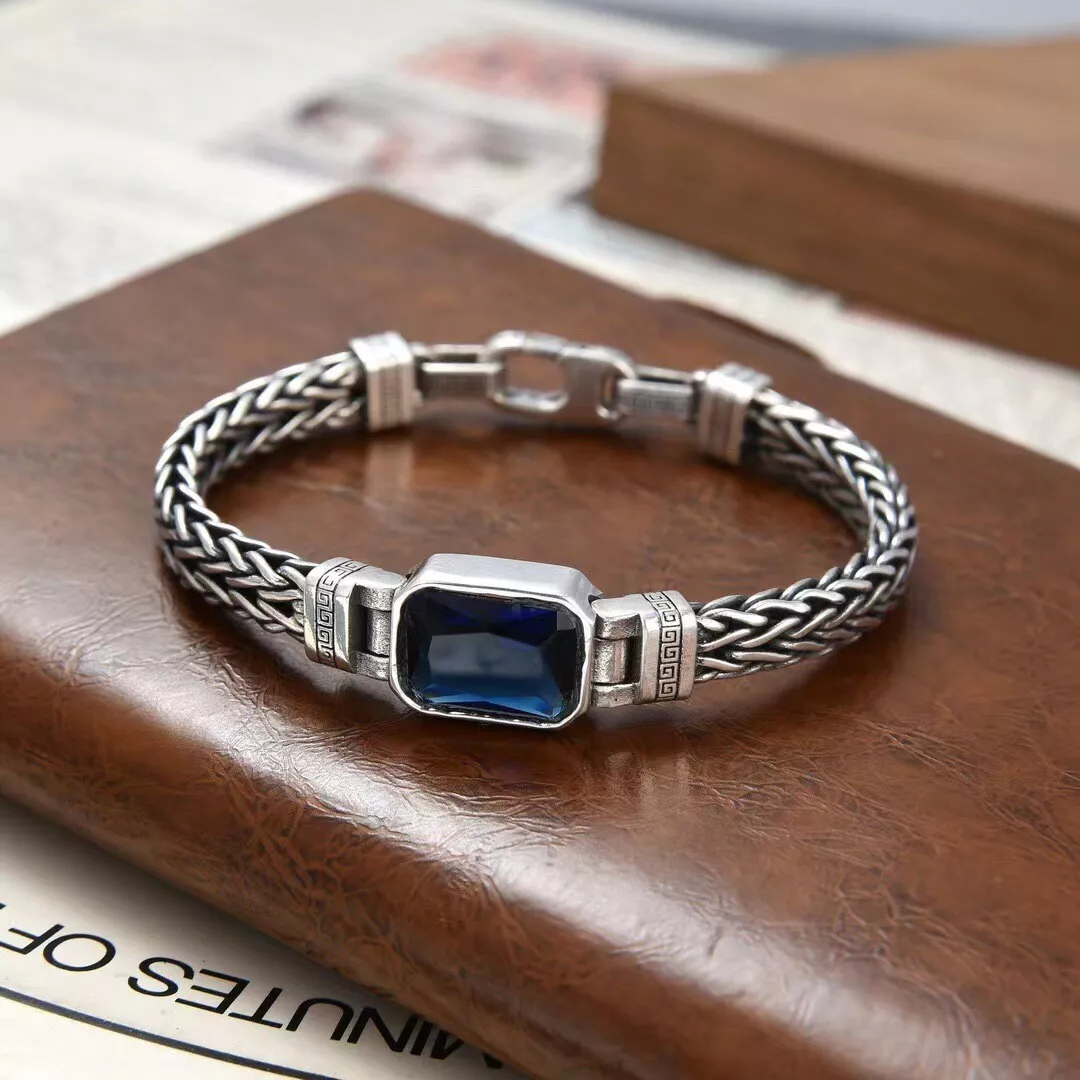 Men's Bracelet - Blue Leather with Silver Nail and Zircon Diamond