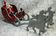 Vintage 1940's Celluloid Face Santa Claus in Wood Sleigh w/ 2 Reindeer - Japan