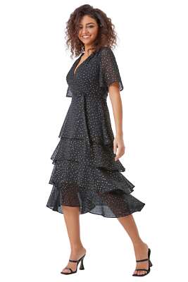 Petite Spot Print Tiered Frill Midi Dress For Women UK Ladies