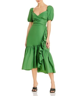 NWT- CINQ À SEPT 'Megan' Puff-Sleeve Ruffle-Trim Midi-Dress, Grass Green - 4