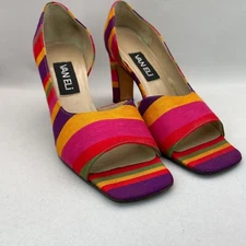 Vintage Vaneli D'Orsay Open Toe Striped Fabric Heels Vero Cuoio 3 1/4" Heel 8 M