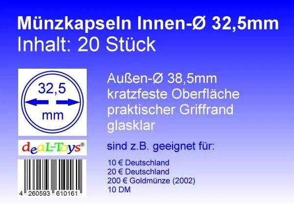 DEAL-TOYS® 20 Münzkapseln 32,5mm, geeignet für 10 € / 20 € Deutschland, 10 DM, 200 € Gold