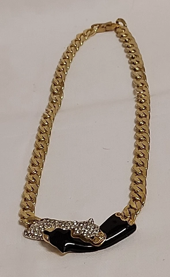 Collier Panther/Tiger Vintage  Halskette Kristalle/Email  Vergoldet - Bild 2 von 4
