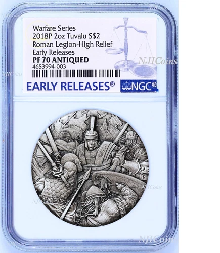 2018 P Tuvalu Warfare - Roman Legion ANTIQUED 2Oz Silver $2 3D COIN NGC PF70 ER