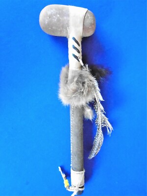 Vintage Tomahawk Leather bound Rock Glass beads Fur  and Feathers 14'' 