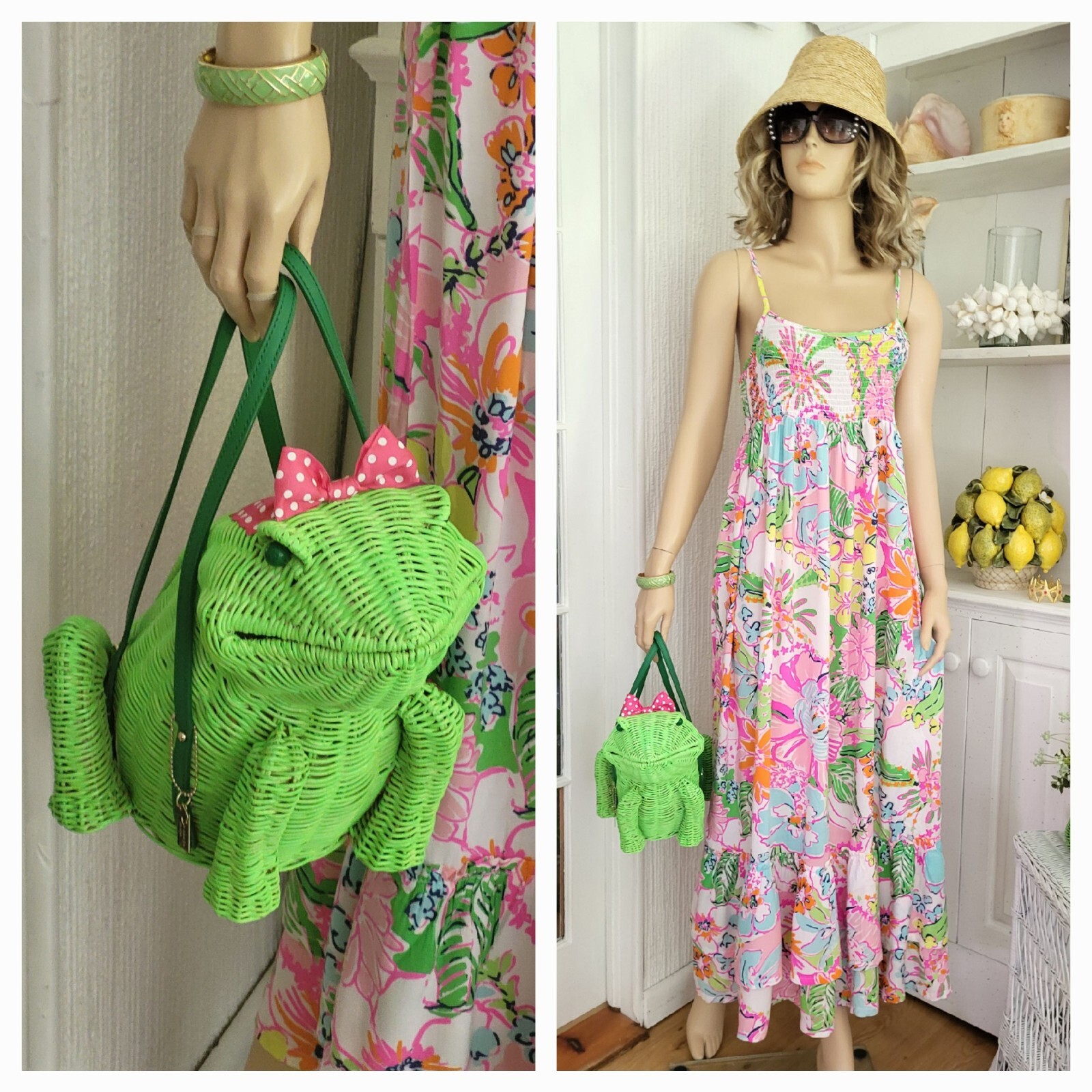 Kate Spade Wicker Novelty Bag Hand Painted Big Green Frog w/ Pink polk-a-dot Bow image 2