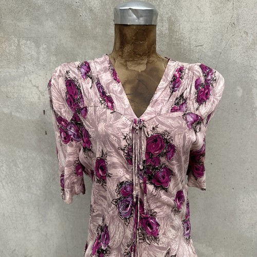 Vintage 1930s Purple Floral Print Jersey Rayon Midi Dress Ruching Bow Roses - Picture 2 of 13