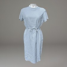 VTG Sears Dress Blue White Seersucker Belt Loops Short Sleeve Knee Length Med/L