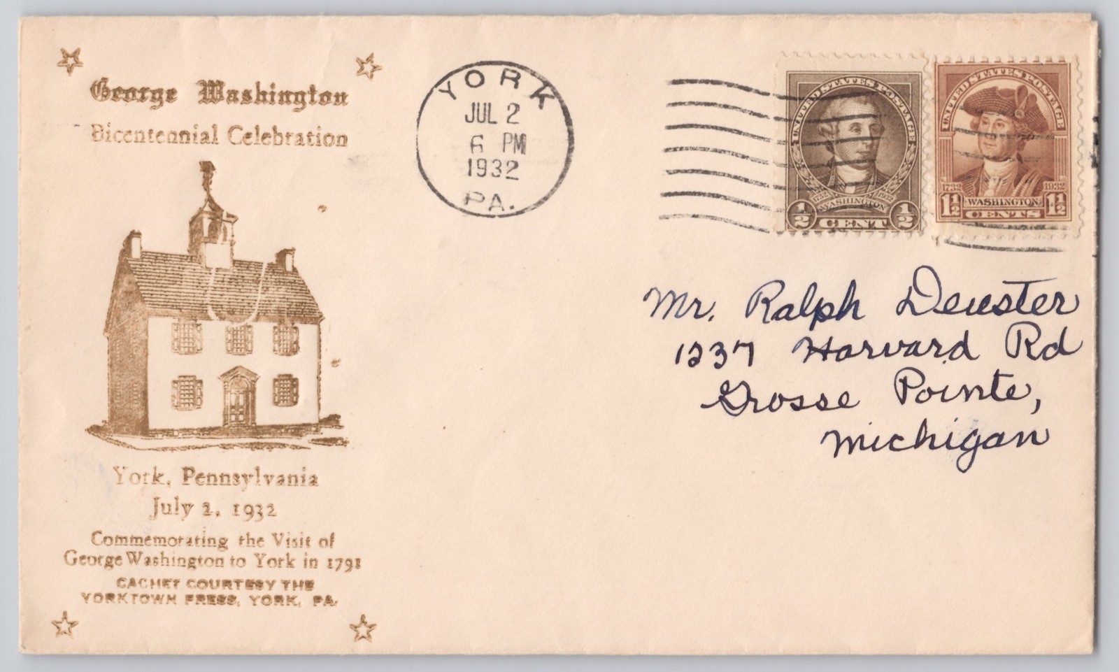 York, PA George Washington Bicentennial cachet, Yorktown house 1932
