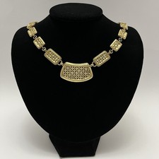 Vtg Chunky Necklace Gold Tone Woven Look Link Choker Bib Statement Old Money 17"