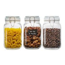 50oz Square Glass Food Storage Jars with Airtight Clamp Lids, 3 Pack Large Ki...