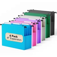 6 Pack Plastic Hanging File Folders, 4 In Expanding Extra Capacity Colorful, Tab
