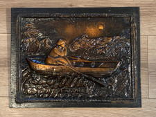Escultura vintage en relieve de pared de canoa salvaje escena iluminada por la luna “SOLO” 15x12