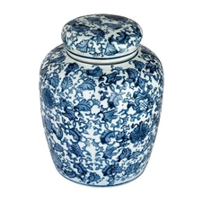 Blue and White Ceramic Ginger Jar with Lid Decorative Porcelain Vase