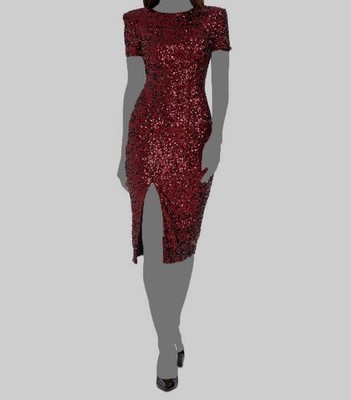 Dress The Population Women's Red Natasha Sequined Side-Slit Midi Dress XS