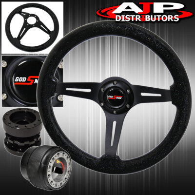 For 89-05 Eclipse 345mm Black Steering Wheel Flakes + Hub Extender + Horn Button