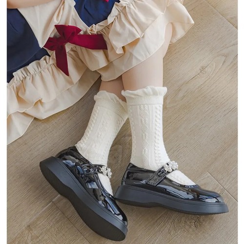 Girls Socks Autumn Winter Warm Solid Cotton Lolita Fancy Socks Twist Pattern - Picture 3 of 35