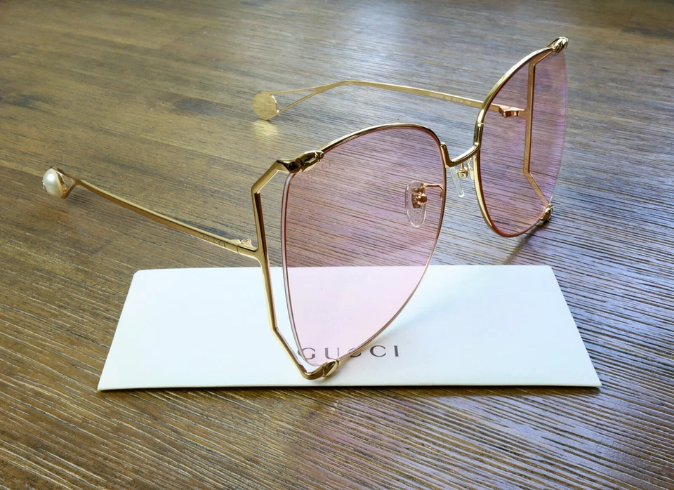 Gucci GG0252S 004 63mm Butterfly Sunglasses in Gold/Pink Lens with Velvet case - Image 4 of 4