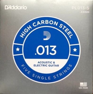 5 Single .013 D'Addario Plain Steel Electric or Acoustic Guitar Strings PL013
