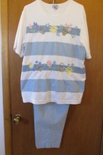 Vtg Alfred Dunner Embroider Floral/ging. Shirt Sz. L  bl. gingham Sz 16 Pants