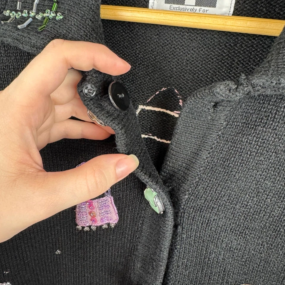 Storybook Knits Womens Embellished Cardigan Sz Large Black Jeweled Handbag Purse - Image 3 of 4