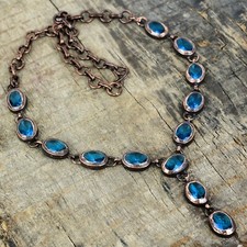 Swiss Blue Topaz Gemstone Copper Chain Bezel Electroformed Mother Boho Necklace